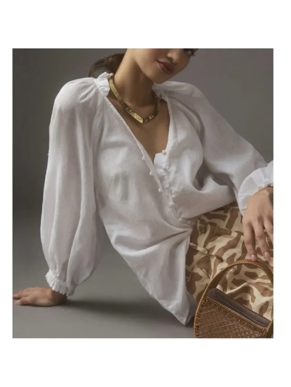 Anthropologie Maeve The Audie Linen Puff Sleeve Blouse White